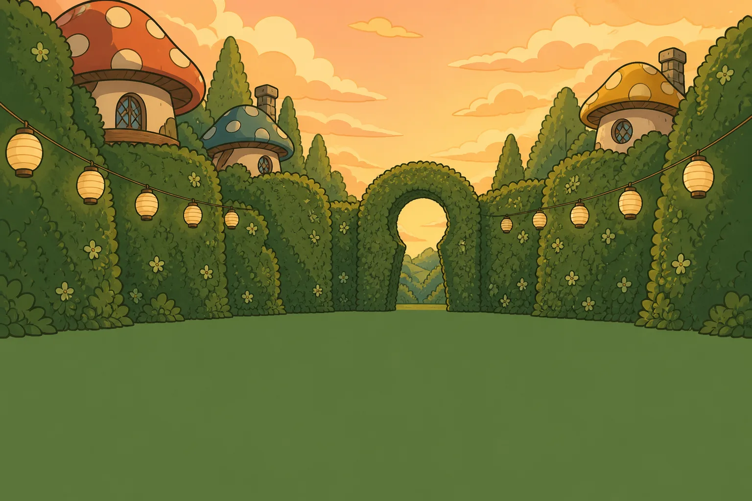 A clearing inside the hedgerow village at golden hour