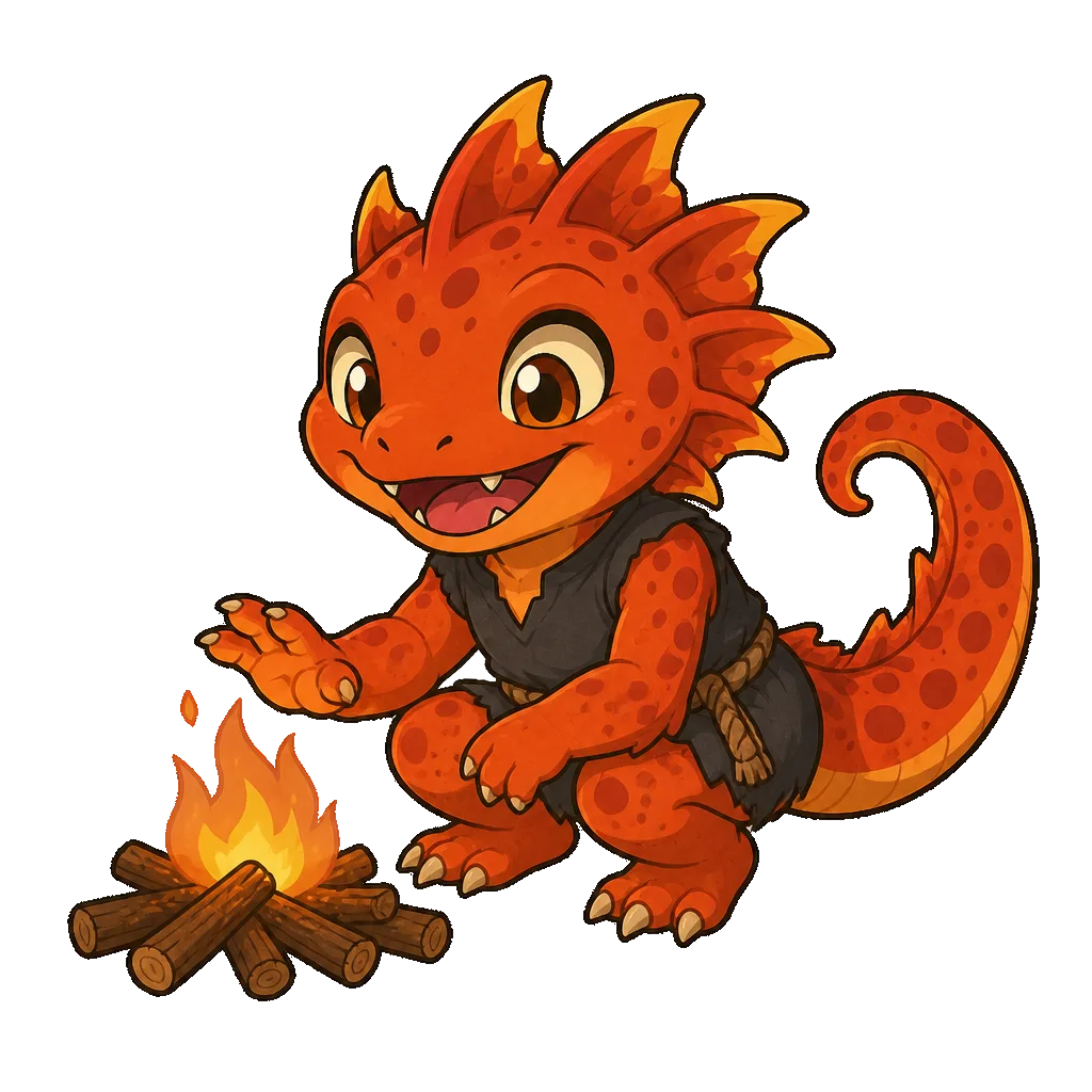 Ember salamander tending a campfire