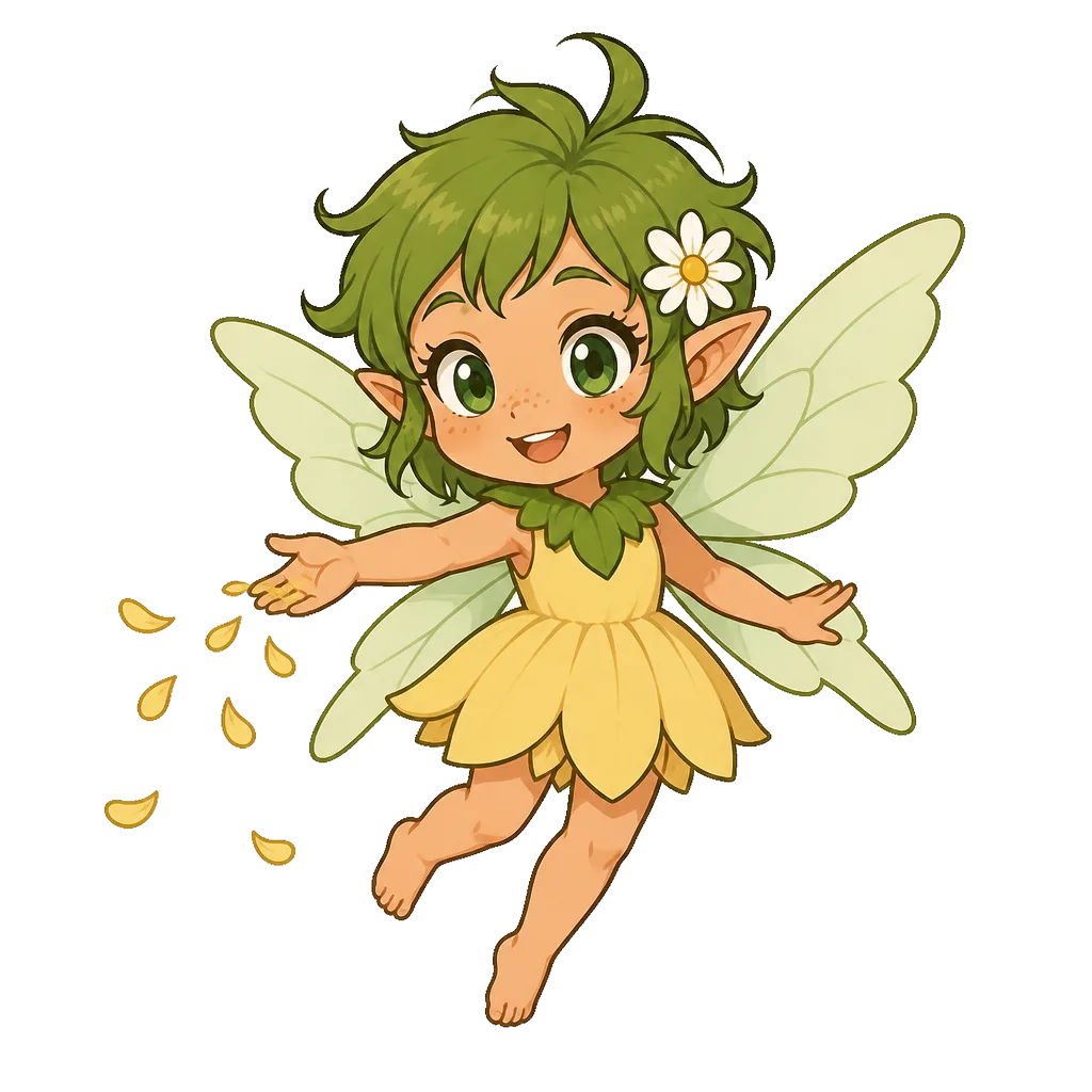 Meadow fairy fluttering and scattering petals